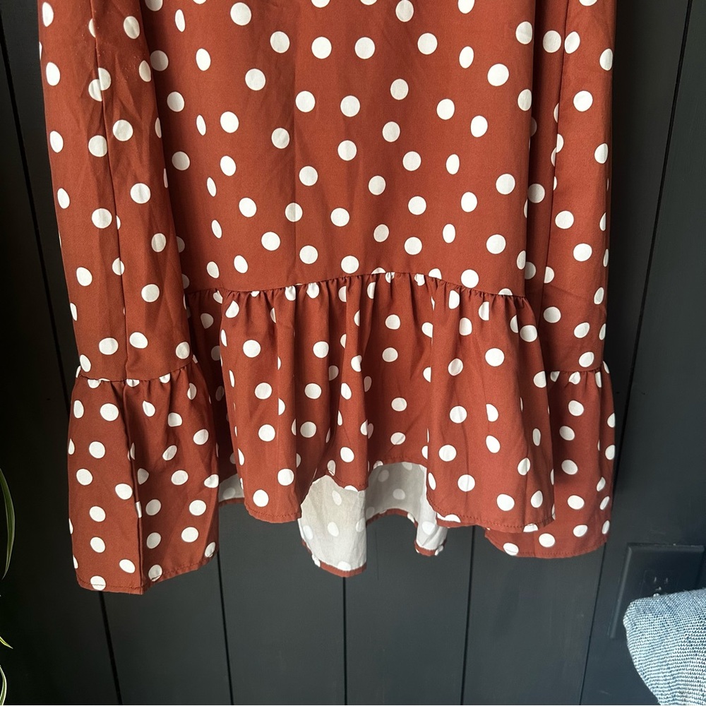 Brown White Polka Dot Sleeveless Ruffle Tier Flowy Lightweight Dress sz S‎ - Picture 6 of 11